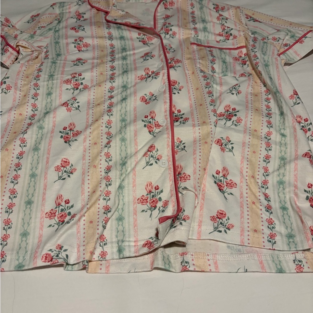 Floral Stripe Cotton Pajama Set with Pink Trim - Picture 2 of 4